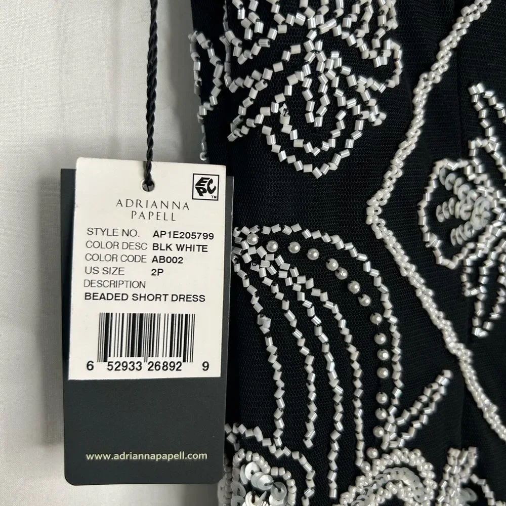 NWT Adrianna Papell Women’s Off Shoulder Fitted Beaded Dress. Black White. SZ 2P